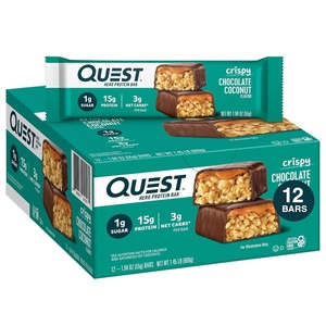 image:imageQuest Nutrition Crispy Protein Bar Fruity Cereal Flavor 18g Protein 1g Sugar 2g Net Carbs Low Sugar 12 CountChocolate Coconut