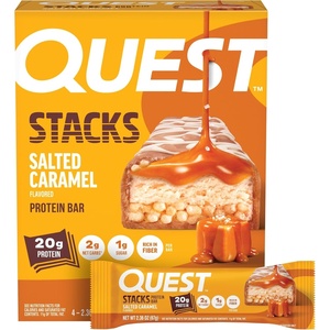 image:imageQuest Nutrition Stacks Protein Bars Brownie a la Mode Flavor 20g Protein 3g Net Carbs 1g Sugar High Fiber Low Sugar Gluten Free 4 CountSalted Caramel